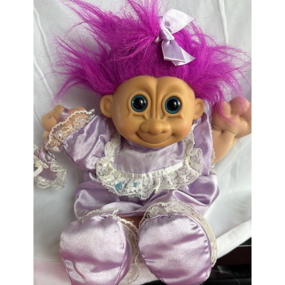 Vintage Plush Troll Doll Purple Hair Lavender Satin Lace Dress Large 11 Inch